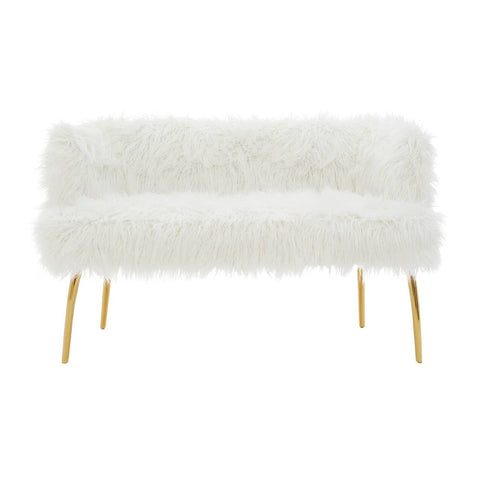 A plush, white fur effect two-seater sofa featuring sleek gold legs, designed for a modern and stylish living space. The sofa has a soft, textured surface and a minimalist silhouette, making it a chic addition to any room