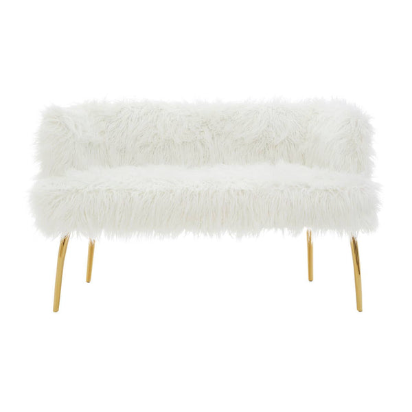 A plush, white fur effect two-seater sofa featuring sleek gold legs, designed for a modern and stylish living space. The sofa has a soft, textured surface and a minimalist silhouette, making it a chic addition to any room