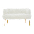 A plush, white fur effect two-seater sofa featuring sleek gold legs, designed for a modern and stylish living space. The sofa has a soft, textured surface and a minimalist silhouette, making it a chic addition to any room