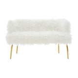 A plush, white fur effect two-seater sofa featuring sleek gold legs, designed for a modern and stylish living space. The sofa has a soft, textured surface and a minimalist silhouette, making it a chic addition to any room