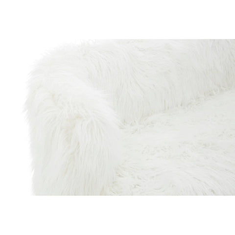 Soft white fur-effect upholstery covers the armrest of a two-seater sofa, showcasing a plush texture. The sofa features sleek gold legs that add a touch of elegance to the design