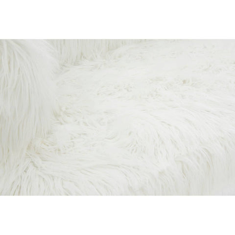 Soft, fluffy white upholstery with a fur effect, showcasing a cozy texture. The fabric appears inviting and plush, ideal for a comfortable seating experience