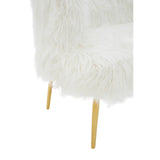 Soft white fur-effect upholstery covers the seat of a two-seater sofa, complemented by sleek gold legs that elevate the design. The texture appears plush and inviting, creating a cozy aesthetic suitable for modern home decor