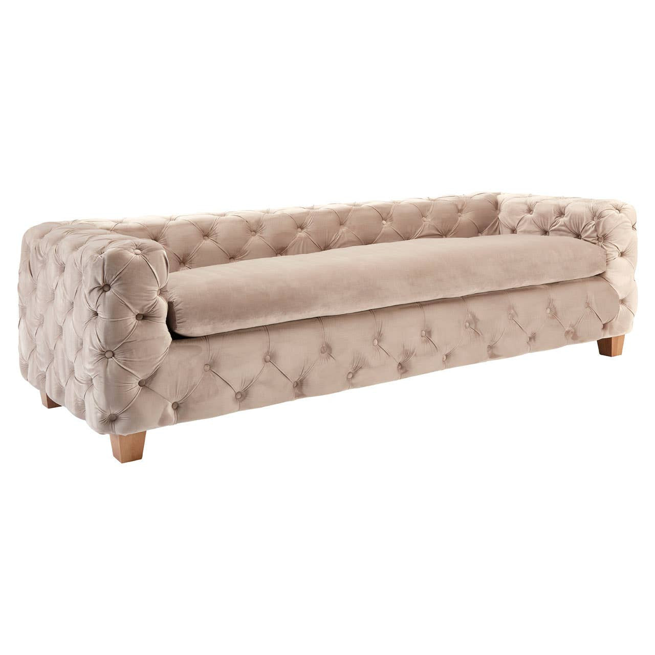 Beige velvet sofa with a tufted design, featuring a low back and wide seat, supported by wooden legs. The fabric has a soft, luxurious texture, and the overall style is modern and elegant, suitable for various living spaces