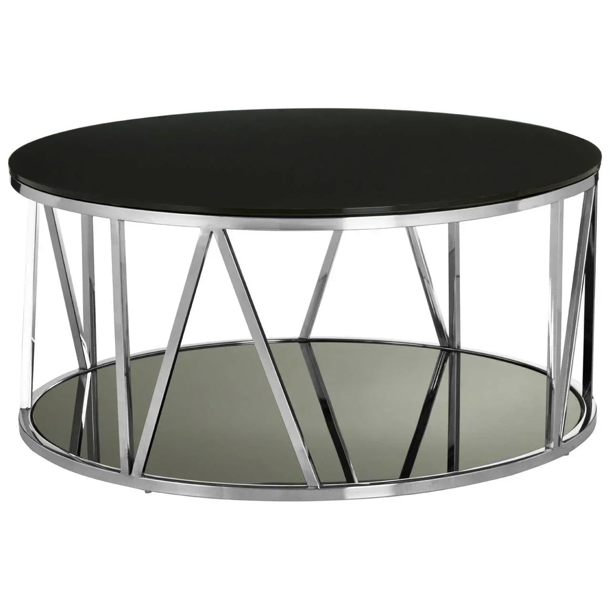 Round coffee table with black glass top, chrome frame, and mirrored lower shelf