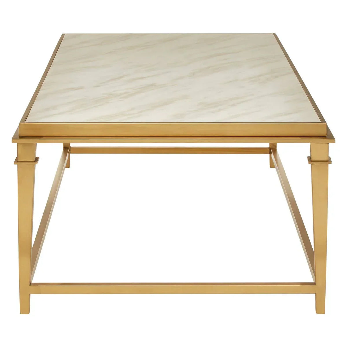 Rectangular marble top coffee table with gold metal frame, front angle view