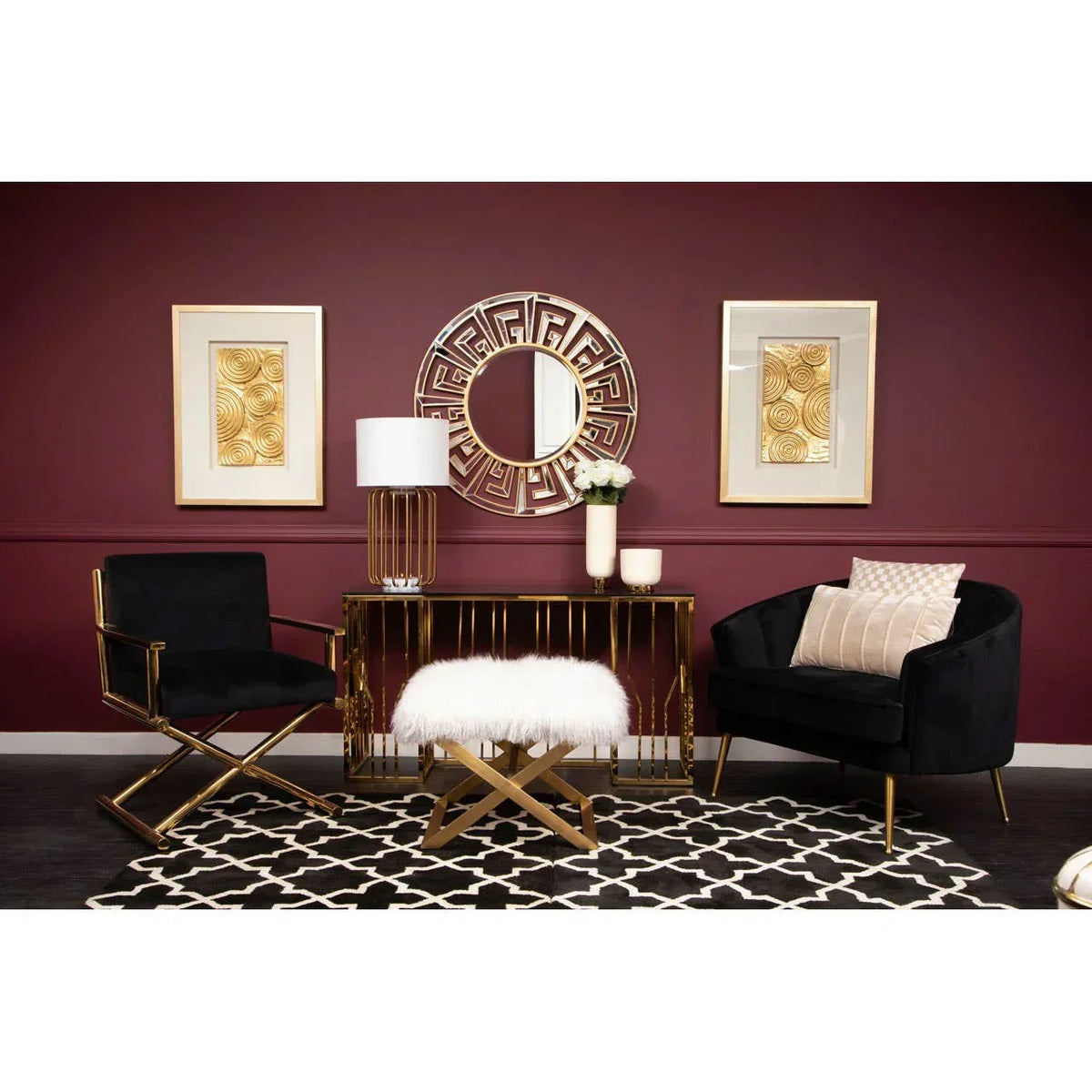 Living room furniture set with black velvet chair, gold console table and white fluffy stool