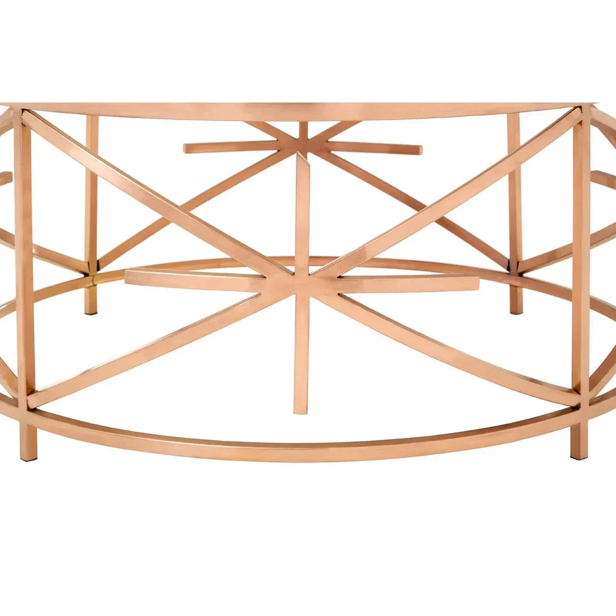 Round gold metal coffee table base with geometric crossbar design