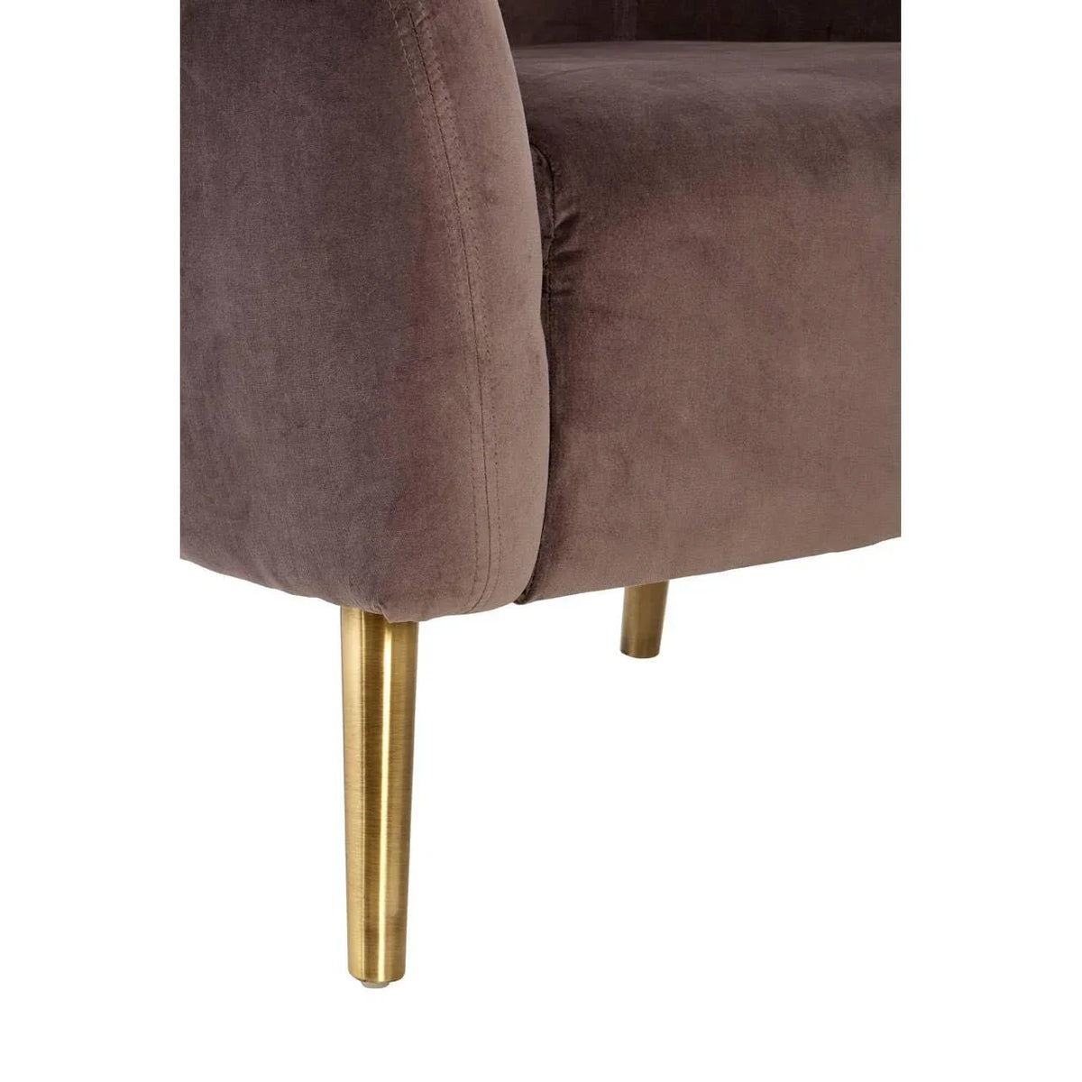 Brown fabric sofa corner with gold metal legs, close-up on armrest and upholstery