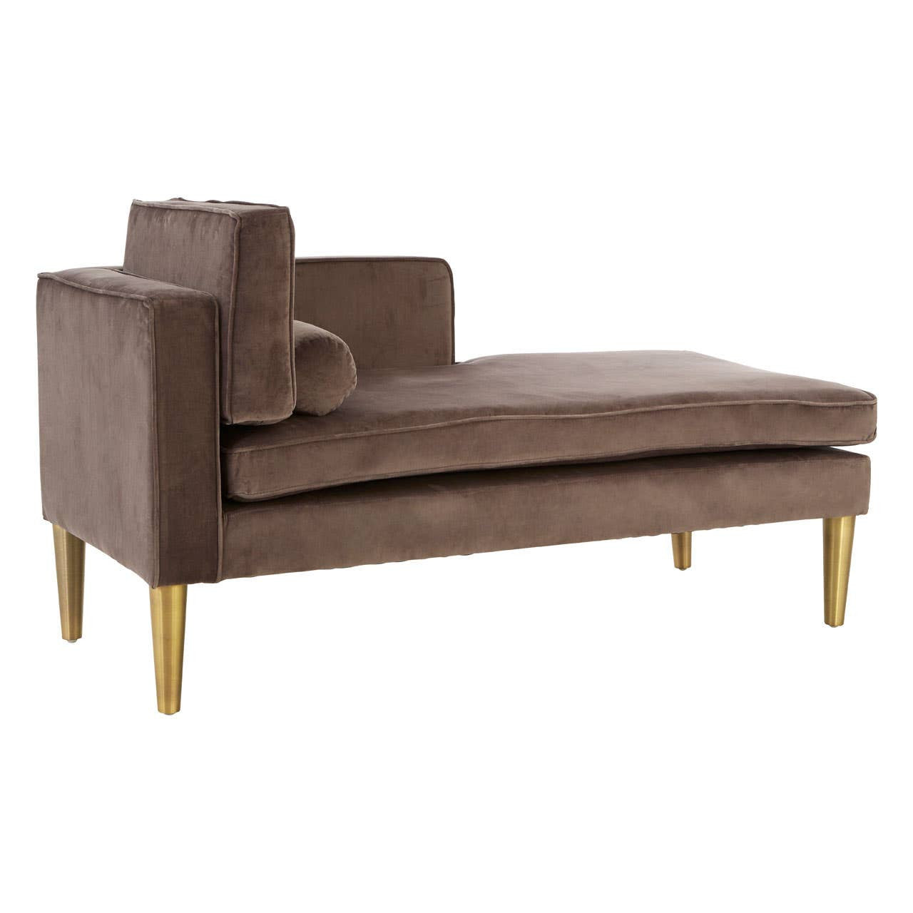 Grey velvet left-hand chaise longue with a sleek design, featuring a plush seat and a supportive backrest. The chaise is elevated by elegant gold-colored legs, adding a touch of sophistication to the overall look