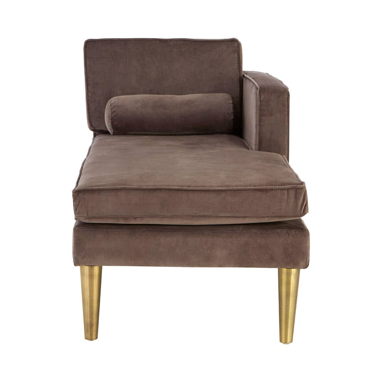 Grey velvet left-hand chaise longue with a low backrest and a single armrest, featuring tapered wooden legs in a light finish. The upholstery has a soft texture, and the overall design is modern and minimalist