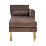 Grey velvet left-hand chaise longue with a low backrest and a single armrest, featuring tapered wooden legs in a light finish. The upholstery has a soft texture, and the overall design is modern and minimalist