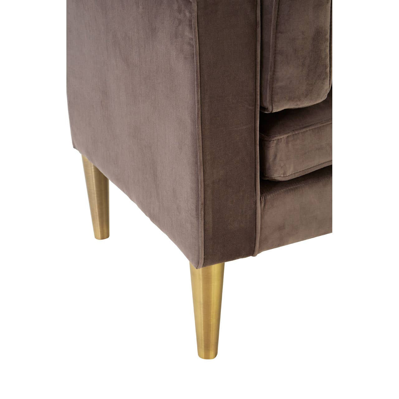 Grey velvet chaise longue with a left-hand orientation, featuring a smooth texture and elegant gold legs. The side view highlights the plush upholstery and clean lines, showcasing a modern design suitable for various home decor styles