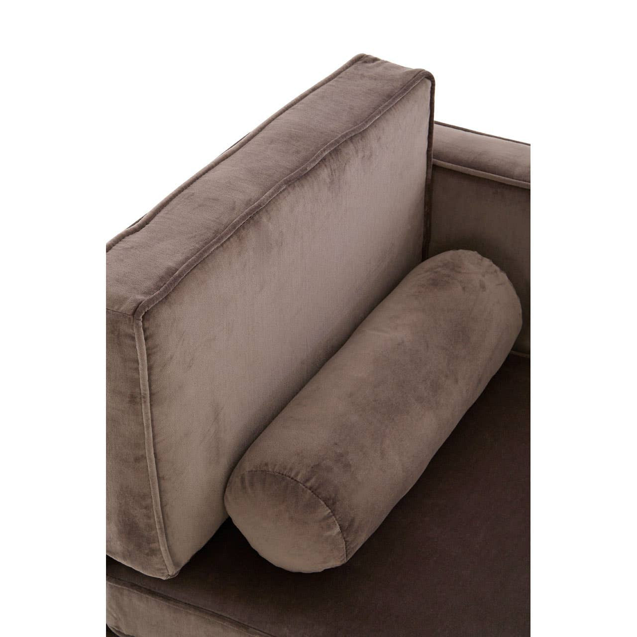 Grey velvet chaise longue featuring a plush backrest and a cylindrical bolster pillow, showcasing a soft texture and elegant design. The left-hand side is highlighted, emphasizing its modern style and comfortable seating