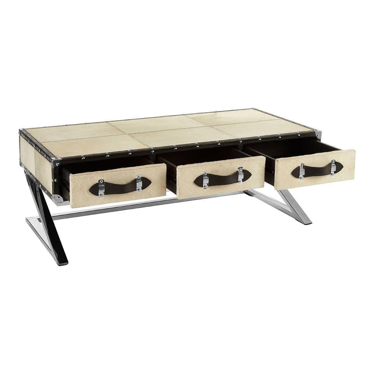 Cream coffee table with chrome legs and three front storage drawers, open front view