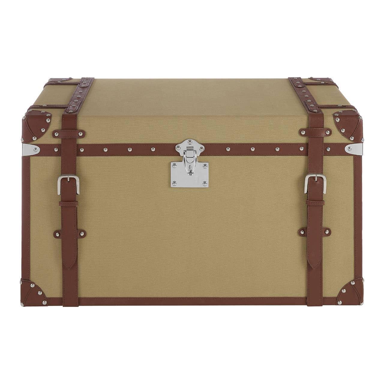 Beige storage trunk with brown faux leather straps and metal latch front view