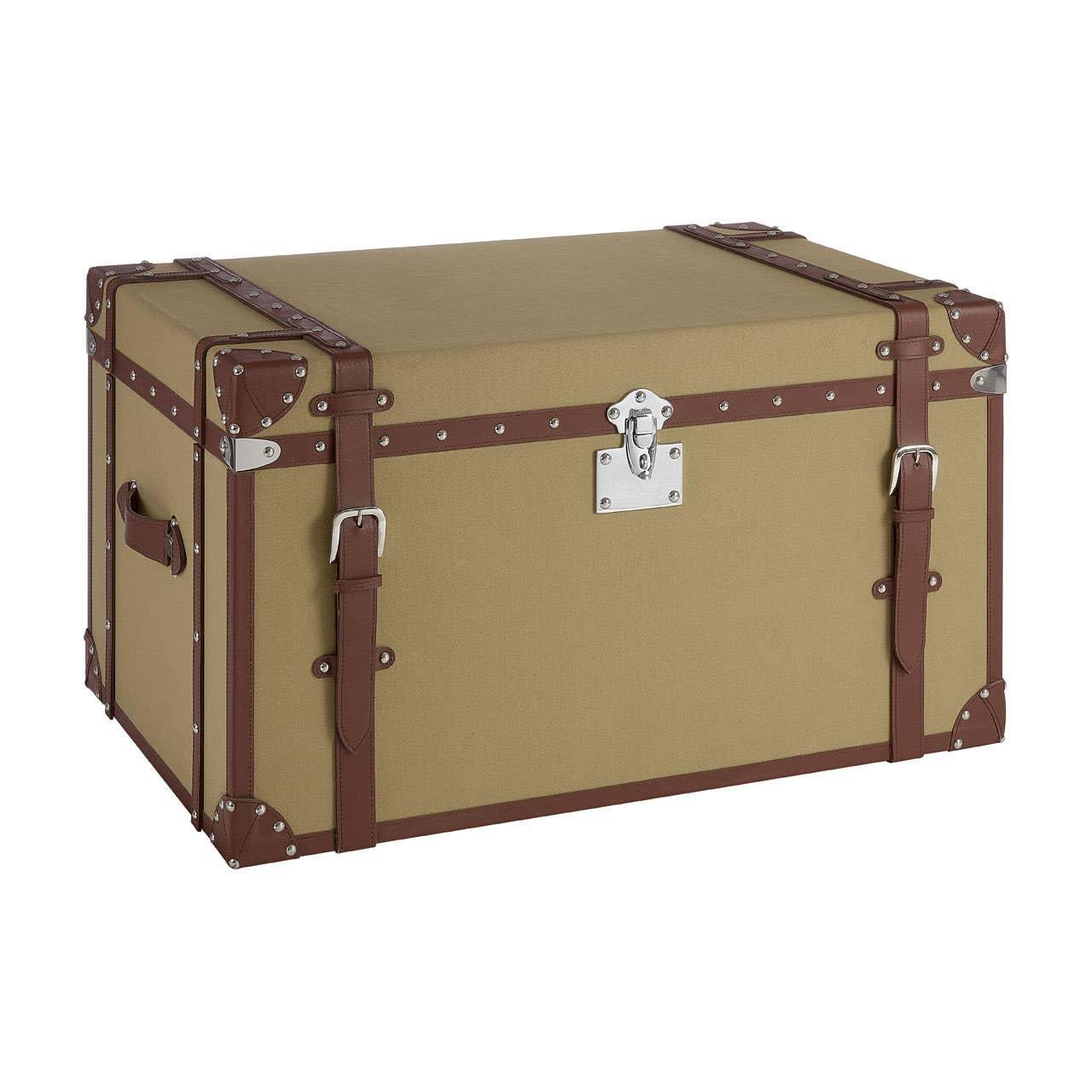 Brown leather-trimmed storage trunk with metal latch and handles, angled front view