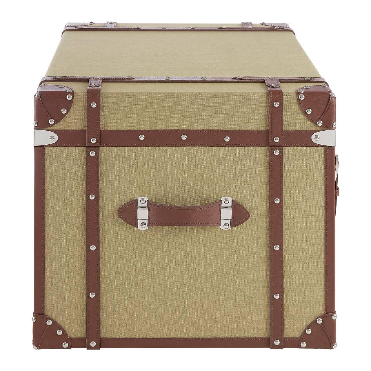 Green storage trunk with brown leather straps and silver rivet detailing, front handle view