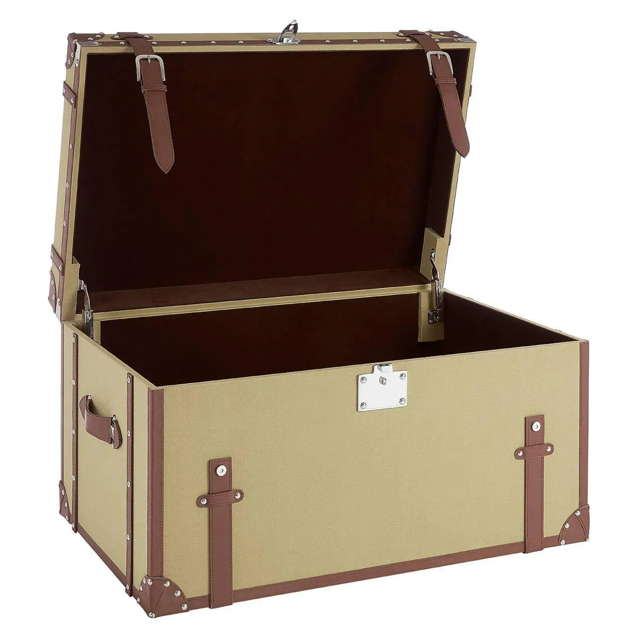 Beige canvas storage trunk chest with brown leather trim and open lid, metal accents