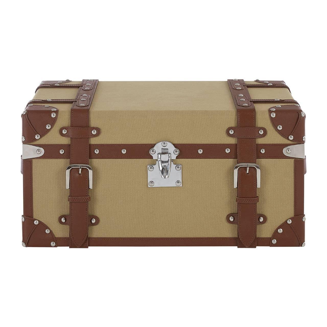 Canvas storage trunk with brown faux leather straps and metal clasp hardware