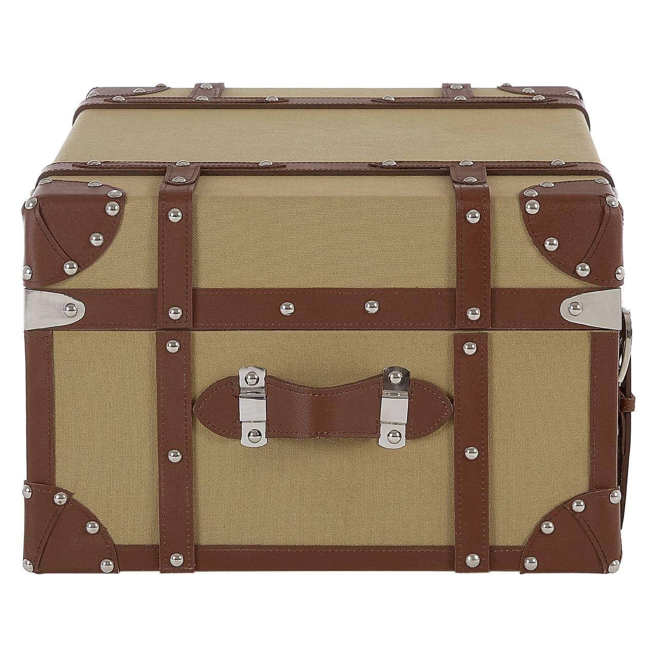 Vintage style storage trunk with tan canvas, brown leather straps, and metal stud accents