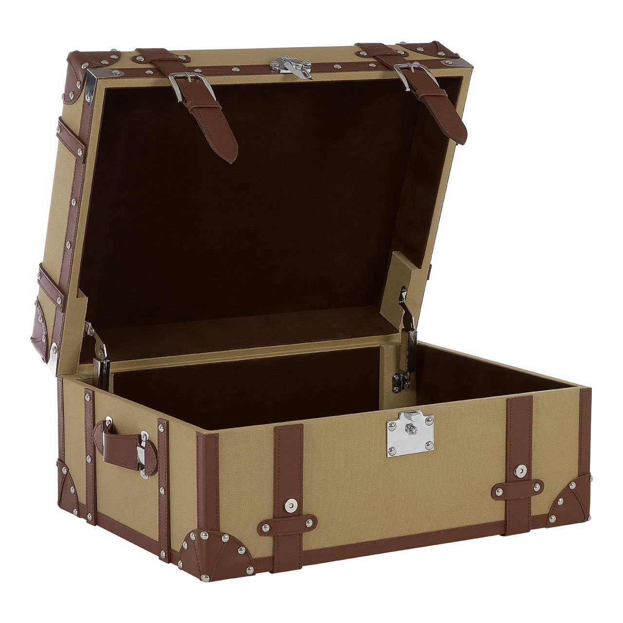 Tan and brown storage trunk with lid open, leather straps and metal hardware detailing