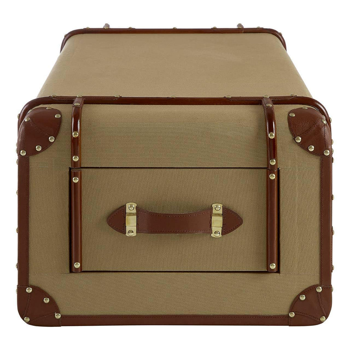 Rectangular storage trunk coffee table with brown leather trim and brass studs, front view