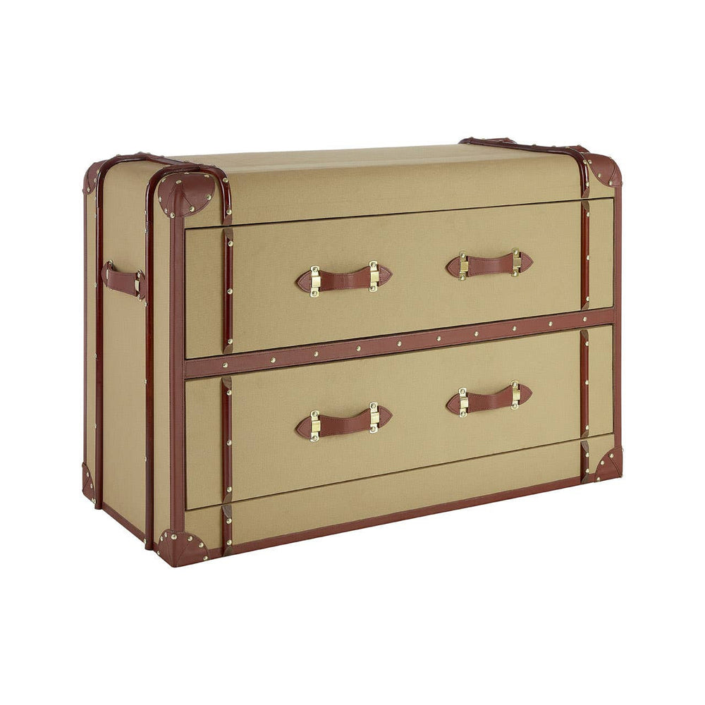 Columbus Trunk Style Chest featuring a beige exterior with brown leather accents and two spacious drawers, designed to resemble a vintage trunk. The chest has decorative metal handles and corner protectors, adding a classic touch to home decor