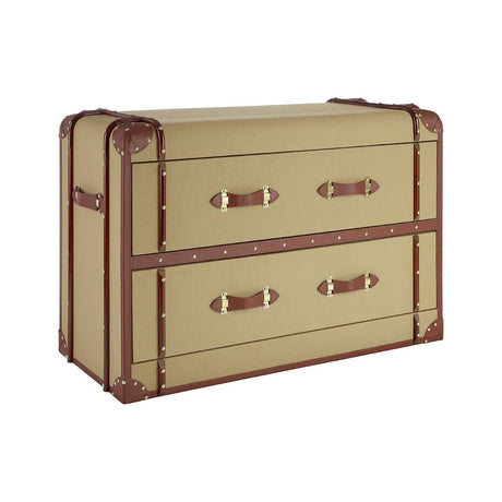 Columbus Trunk Style Chest featuring a beige exterior with brown leather accents and two spacious drawers, designed to resemble a vintage trunk. The chest has decorative metal handles and corner protectors, adding a classic touch to home decor