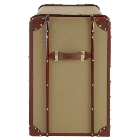 Columbus Trunk Style Chest featuring a beige exterior with brown leather accents, two drawers with brass handles, and decorative corner protectors, designed to resemble a vintage trunk