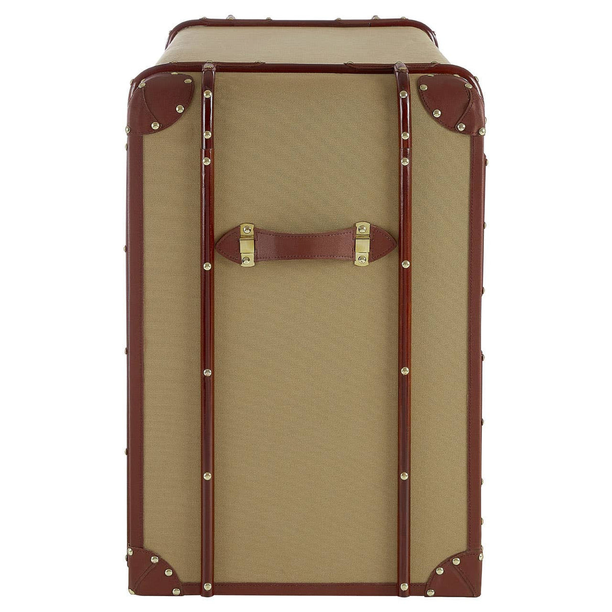 Columbus Trunk Style Chest featuring a beige exterior with brown leather accents, two drawers with brass handles, and decorative corner protectors, designed to resemble a vintage trunk