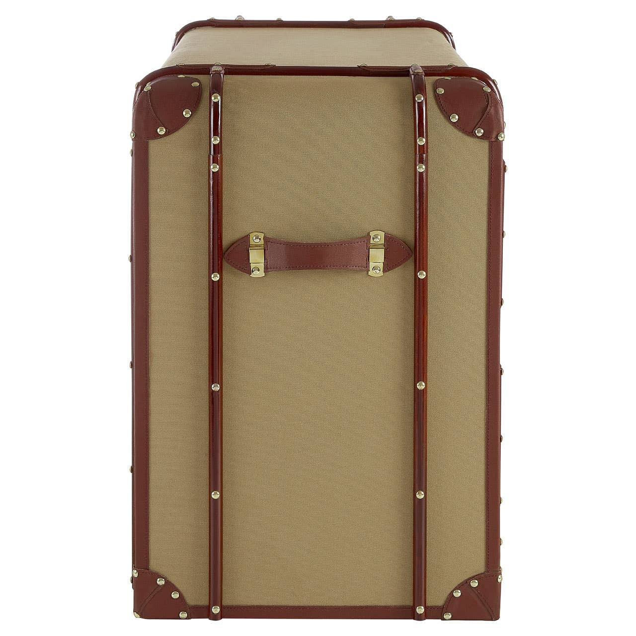 Columbus Trunk Style Chest featuring a beige exterior with brown leather accents, two drawers with brass handles, and decorative corner protectors, designed to resemble a vintage trunk