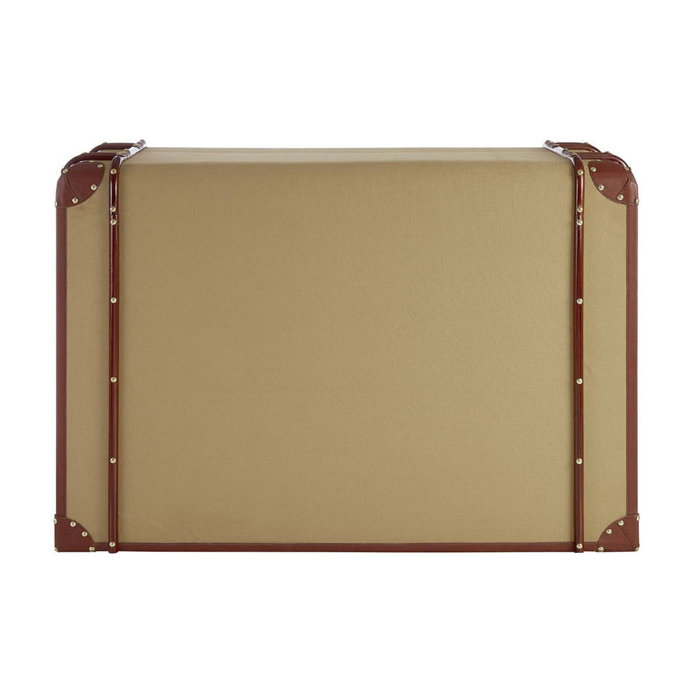 Columbus trunk style chest featuring a beige exterior with decorative brown accents and two drawers at the front, designed with a vintage aesthetic