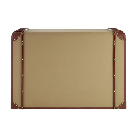 Columbus trunk style chest featuring a beige exterior with decorative brown accents and two drawers at the front, designed with a vintage aesthetic