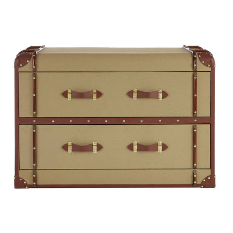 Columbus Trunk Style Chest featuring a beige exterior with brown accents, two spacious drawers with decorative metal handles, and a vintage trunk design
