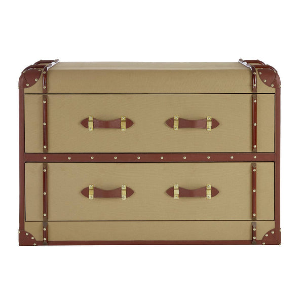 Columbus Trunk Style Chest featuring a beige exterior with brown accents, two spacious drawers with decorative metal handles, and a vintage trunk design