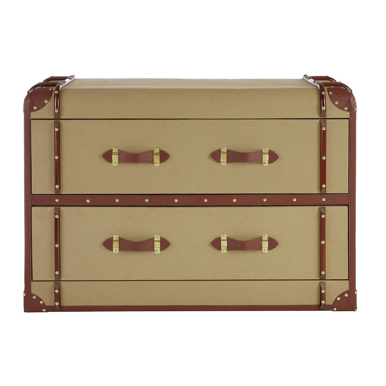 Columbus Trunk Style Chest featuring a beige exterior with brown accents, two spacious drawers with decorative metal handles, and a vintage trunk design