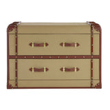 Columbus Trunk Style Chest featuring a beige exterior with brown accents, two spacious drawers with decorative metal handles, and a vintage trunk design