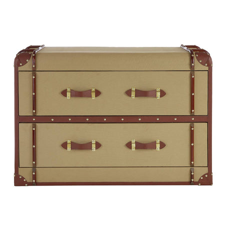 Columbus Trunk Style Chest featuring a beige exterior with brown accents, two spacious drawers with decorative metal handles, and a vintage trunk design