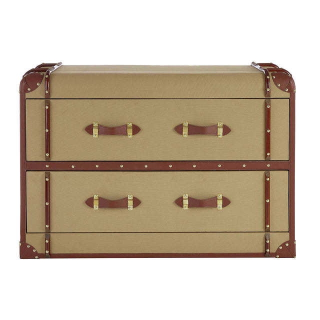 Columbus Trunk Style Chest featuring a beige exterior with brown accents, two spacious drawers with decorative metal handles, and a vintage trunk design
