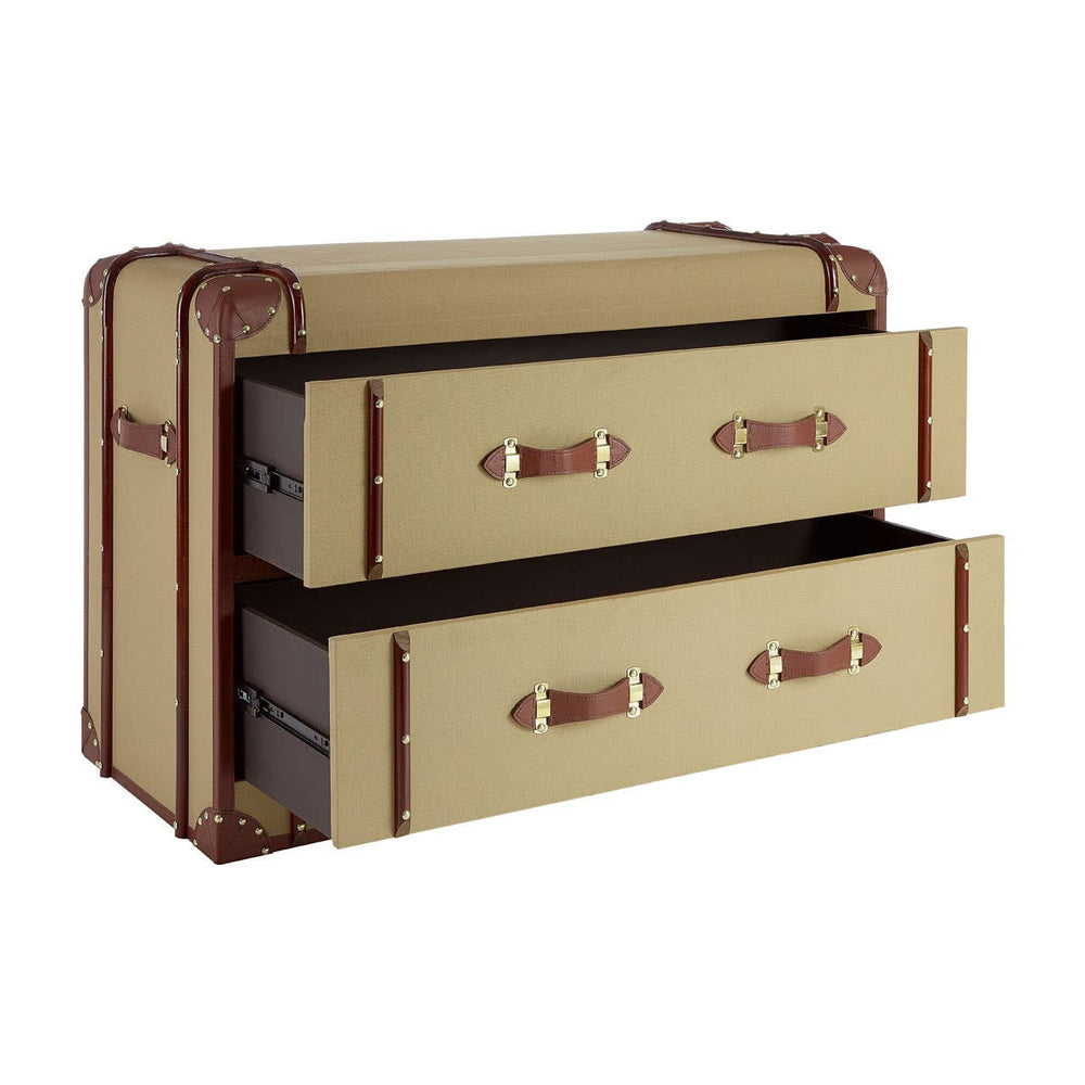 Columbus Trunk Style Chest featuring a beige exterior with brown accents, designed to resemble a vintage trunk. It has two spacious drawers with decorative handles, providing a stylish storage solution for home decor