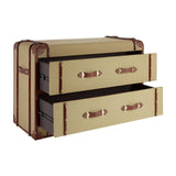 Columbus Trunk Style Chest featuring a beige exterior with brown accents, designed to resemble a vintage trunk. It has two spacious drawers with decorative handles, providing a stylish storage solution for home decor