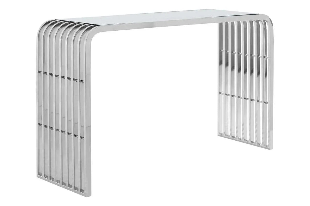 Modern chrome console table with slatted legs and glossy rectangular top