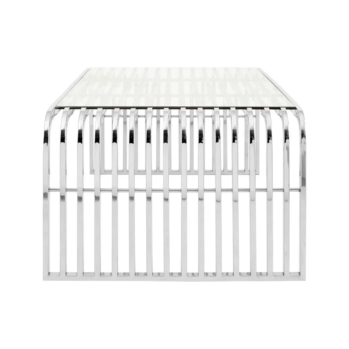 Chrome coffee table with glass top and vertical metal slats, front view