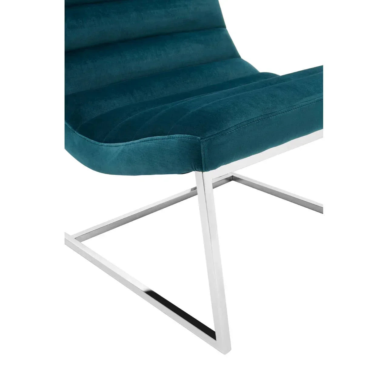 Teal velvet dining chair with chrome metal legs and horizontal stitch detailing