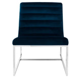 Modern velvet accent chair with chrome metal frame and horizontal channel backrest, front view