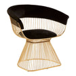 A stylish chair featuring a black velvet seat and backrest, supported by a gold-finished wire base that has a unique, sculptural design. The chair's curved shape offers a modern and elegant look, suitable for various interior styles