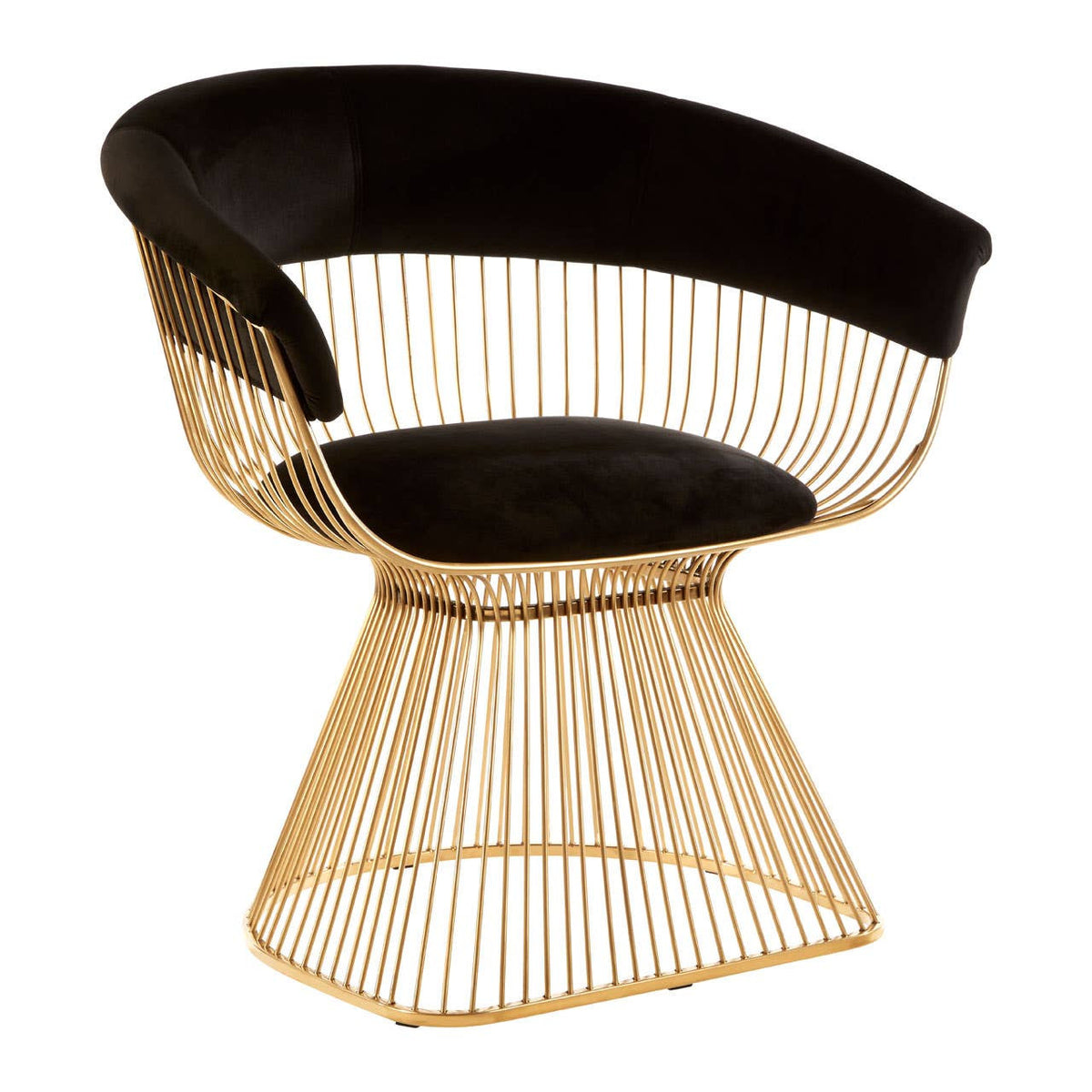 A stylish chair featuring a black velvet seat and backrest, supported by a gold-finished wire base that has a unique, sculptural design. The chair's curved shape offers a modern and elegant look, suitable for various interior styles