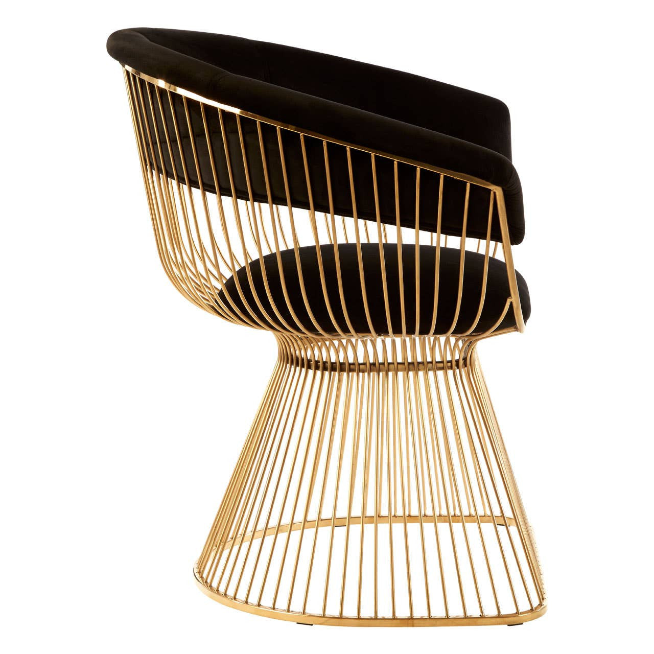 A stylish chair featuring a black velvet seat with a curved backrest, supported by a gold finish wire base that tapers into a wider bottom. The design combines modern elegance with a unique silhouette, suitable for contemporary home decor