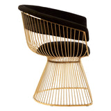 A stylish chair featuring a black velvet seat with a curved backrest, supported by a gold finish wire base that tapers into a wider bottom. The design combines modern elegance with a unique silhouette, suitable for contemporary home decor